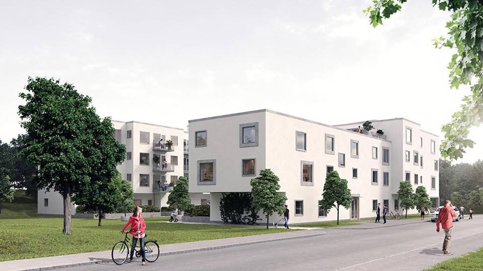 Bostadshus i kvarteret Hydrografen utmed gata, träd och gröna ytor, människor i rörelse, illustration.